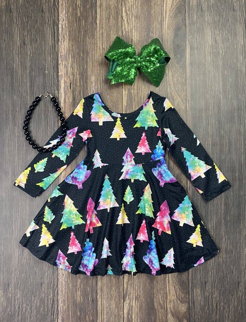 Tie Dye Christmas Trees Black Twirl Dress