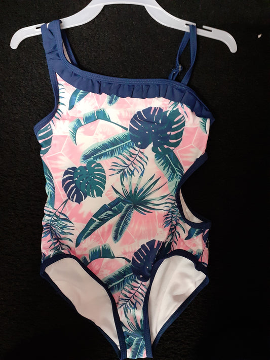 Navy/Pink Palm Leaves Cut Out  1 Pc Suit