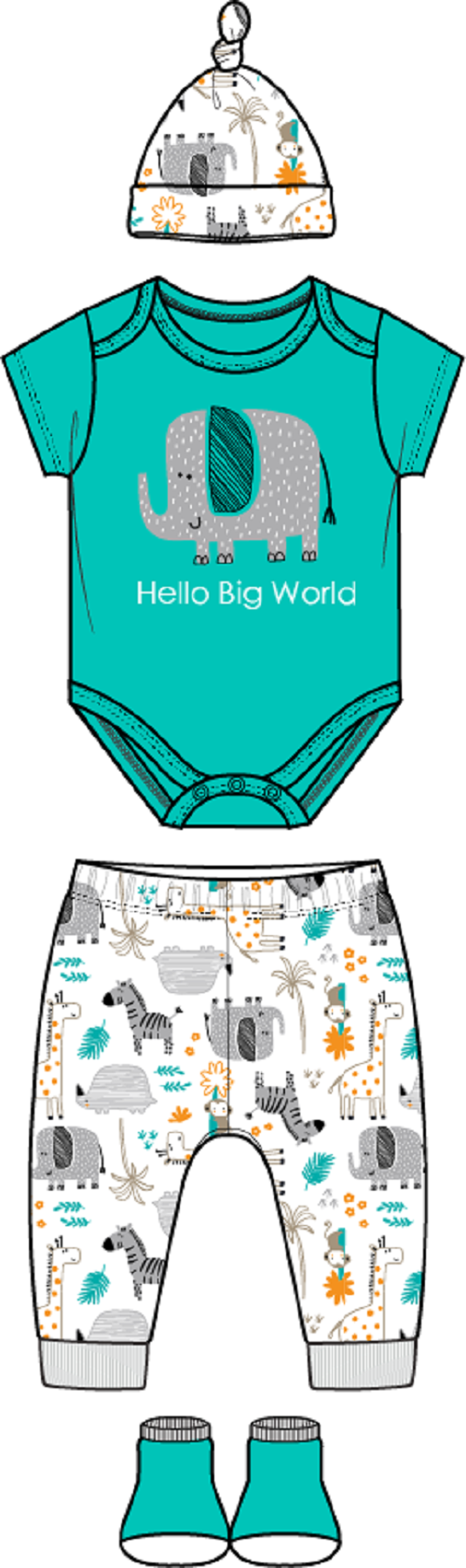 Boy’s 4pc Bodysuit set: Hello Big World