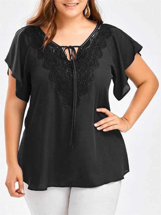 Women's Flared Sleeve T-Shirt Lace Panel Top Plus Size T-Shirt