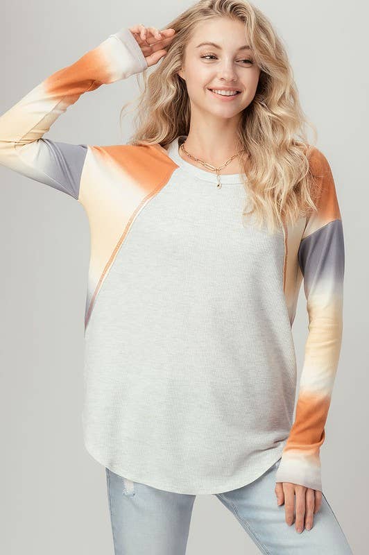 THERMAL KNIT COLOR BLOCK DOLMAN SLEEVE TOP