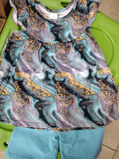 Marbled watercolor Flutter Sleeve Short Outfit