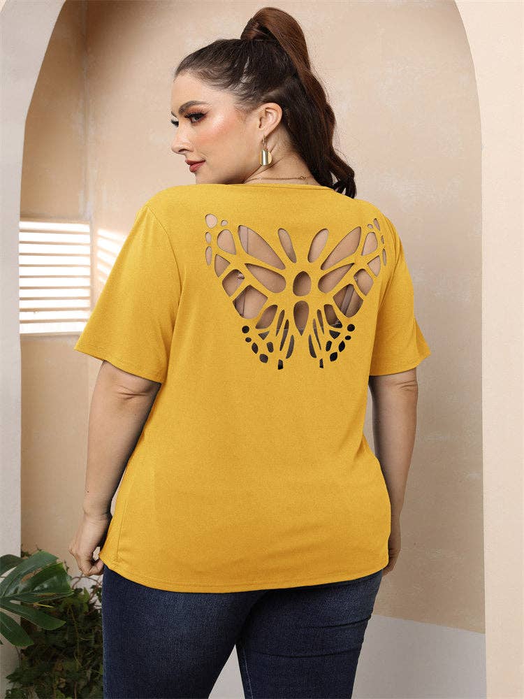 Plus Size Women's Sexy Backless Butterfly Hollow Out Burnt Flower Round Neck Casual T-Shirt Top