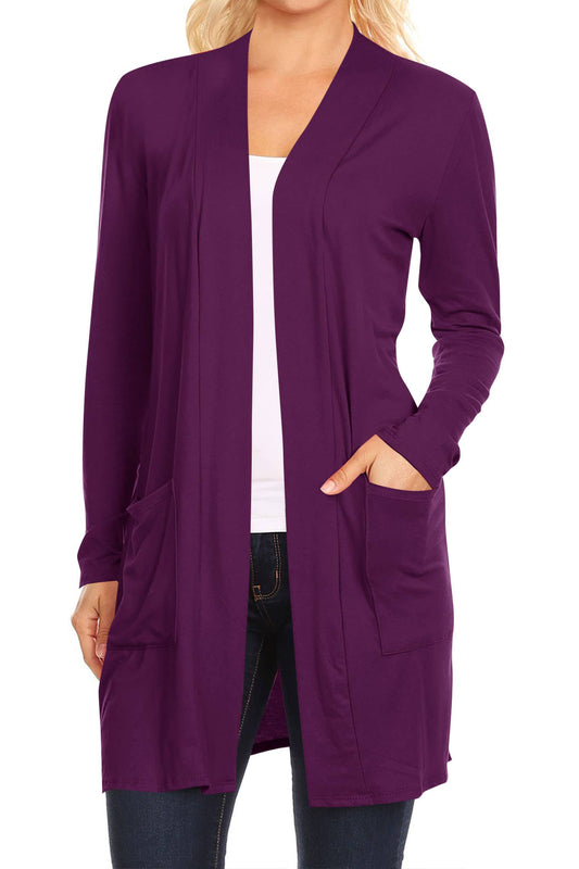 Women's Long Sleeves Casual Solid Outerwear Sweater Cardigan Purple