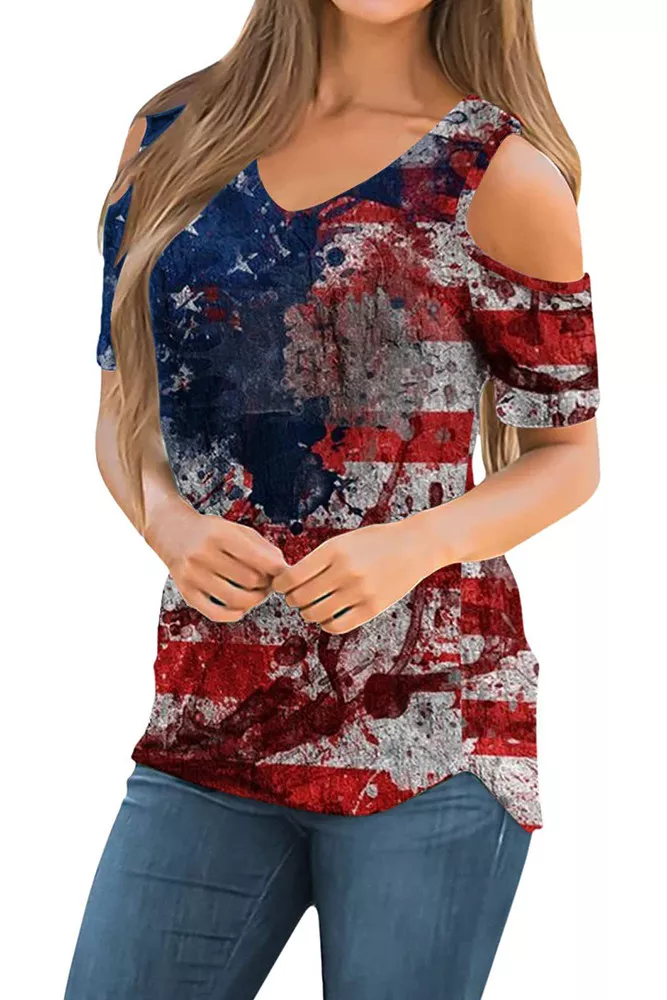 Smeared Flag Cold Shoulder Ladies Top